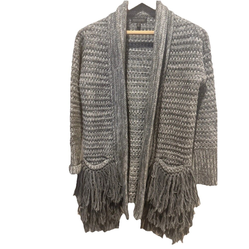 Banana Republic fringe gray thick knit chunky oversized sweater cardigan Petite